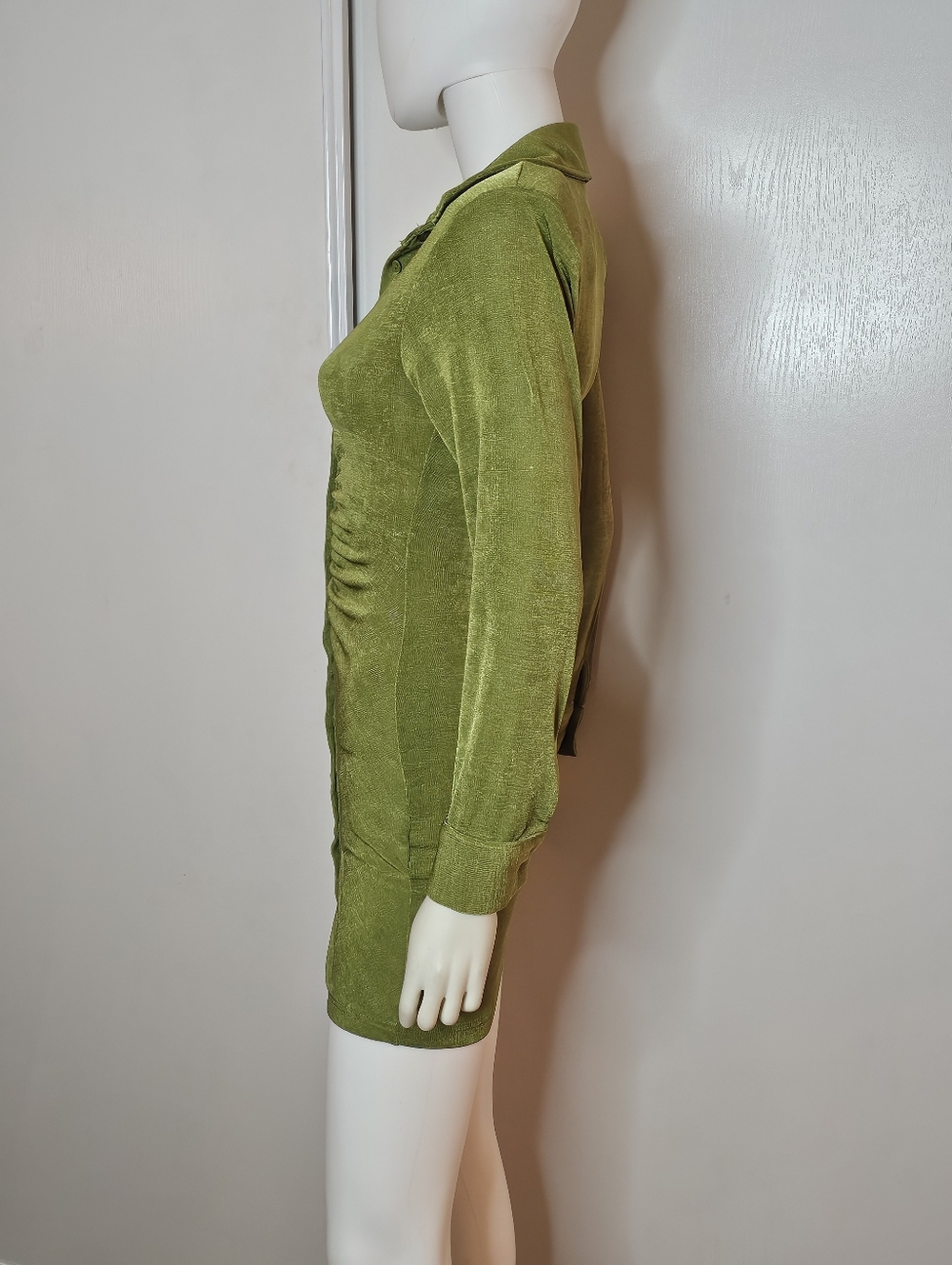 Fashion Nova Olive Green Button-Front Ruched Long Sleeve Shirt Dress Size XS - Picture 11 of 12